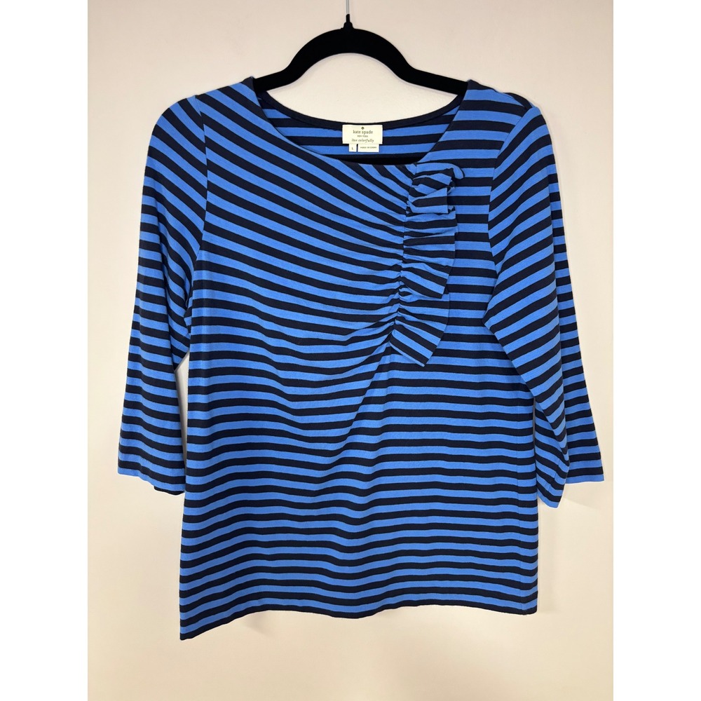 Kate Spade New York Blue Striped Bow 3/4 Sleeve Top Women's Size‎ L